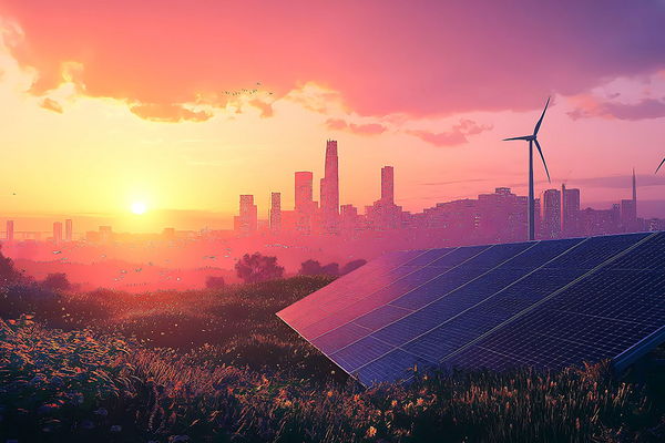 Bild zeigt Solarzellen im Fordergrund mit einer Stadtskyline im Hintergrund